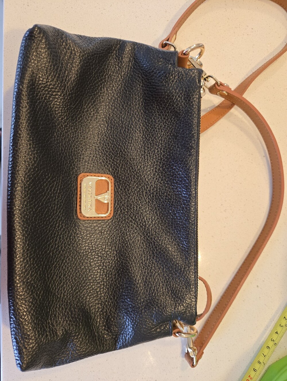 Valentina Black Leather Handbag Purse Long and Short Straps.
